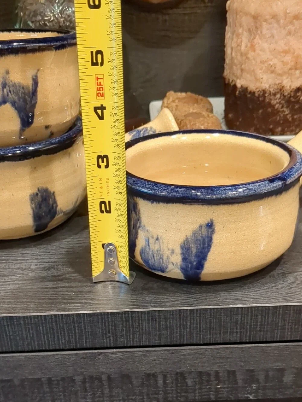 Vintage Handmade Ceramic Blue Floral Accent Soup Bowls With Handles Set Of 3